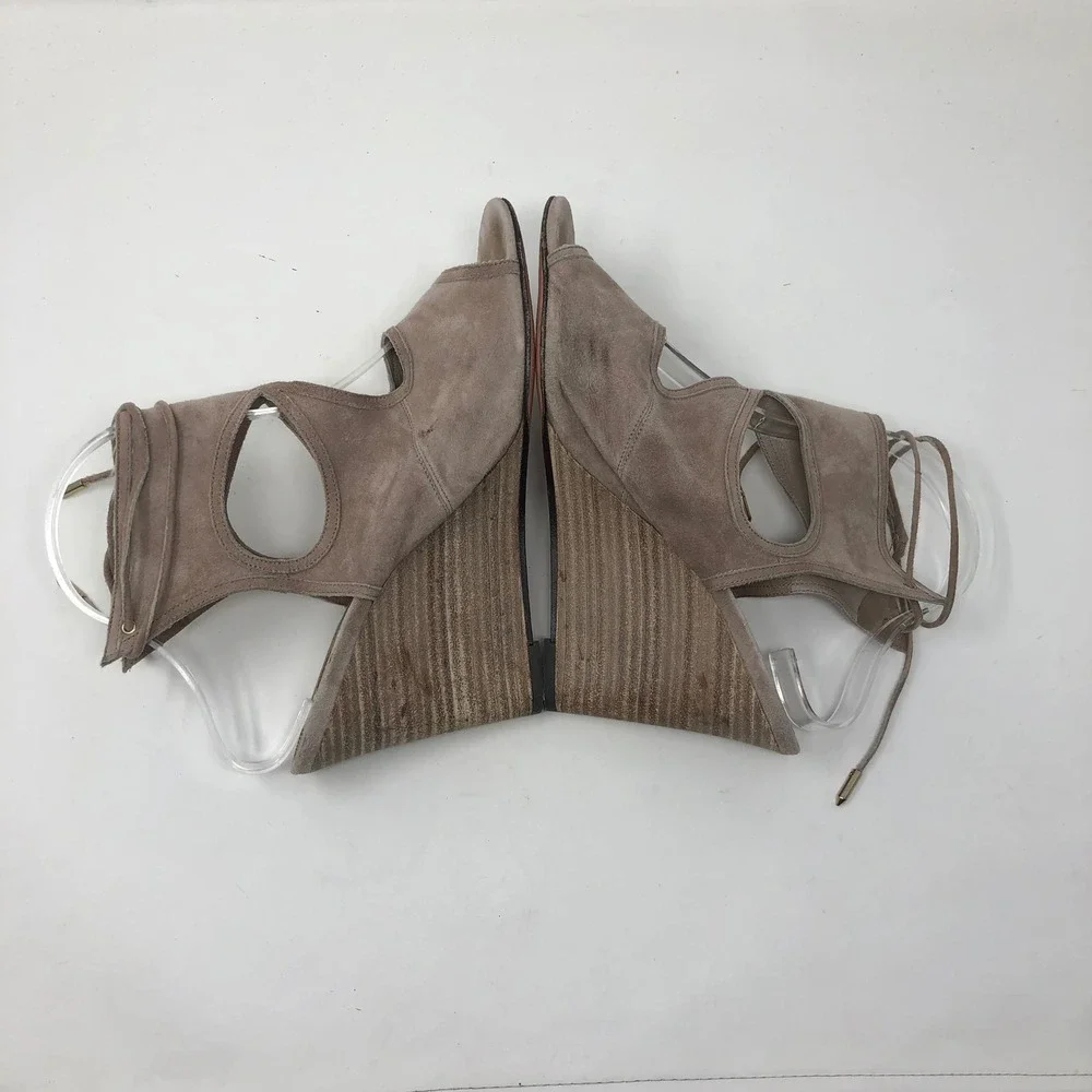 Aquazzura Belgravia Wedge Sandal Women 40 US 10 Taupe Suede Lace Up Cutout Italy